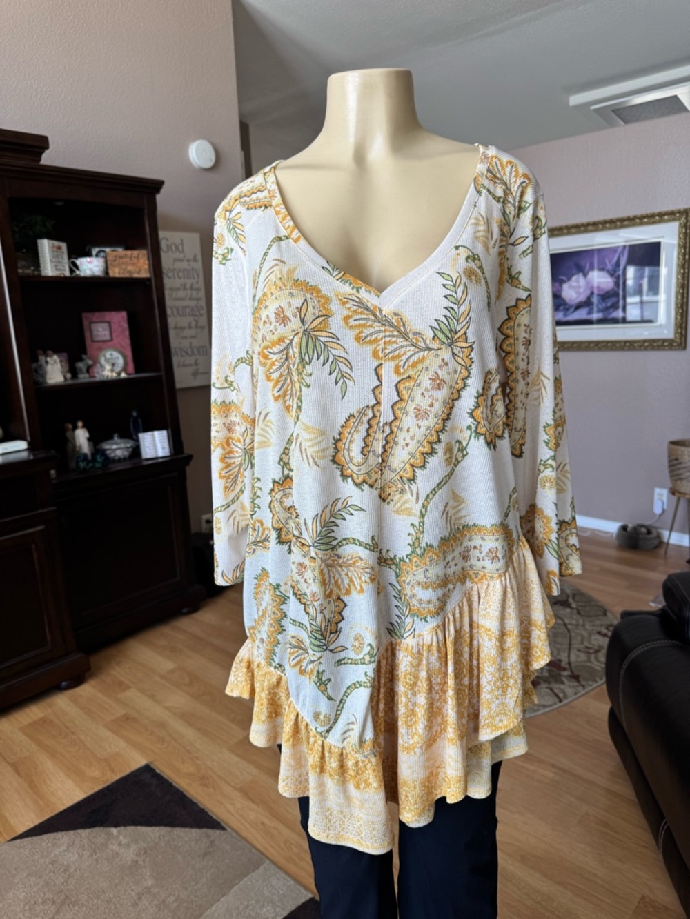 One World yellow & white floral boho ruffle 3/4 sleeves Vneck tunic-1X